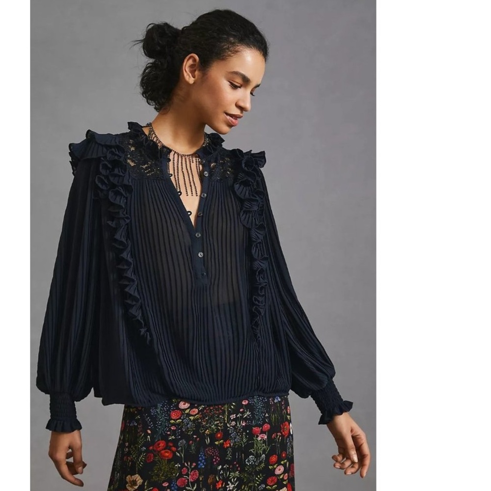 ANTHROPOLOGIE Pleated Ruffled Blouse Black Size XS